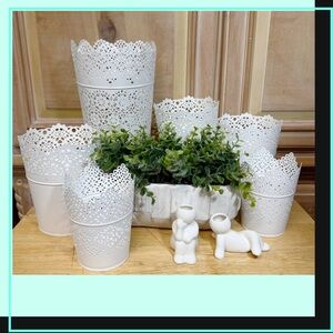(6) IKEA SKURAR White Lace Design Metal Planter Set